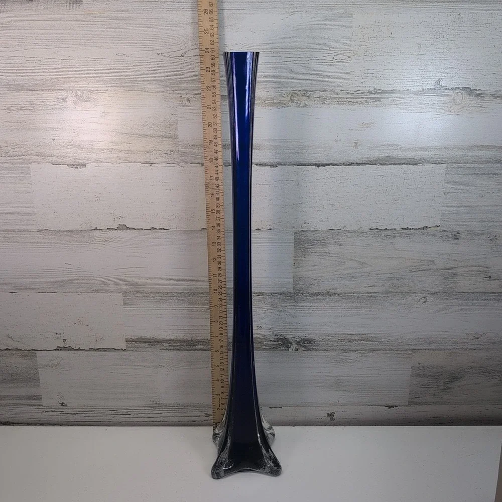 Vintage Cobalt Blue Swung Glass Vase 24.5 Inch Mid Century Modern Floor Decor